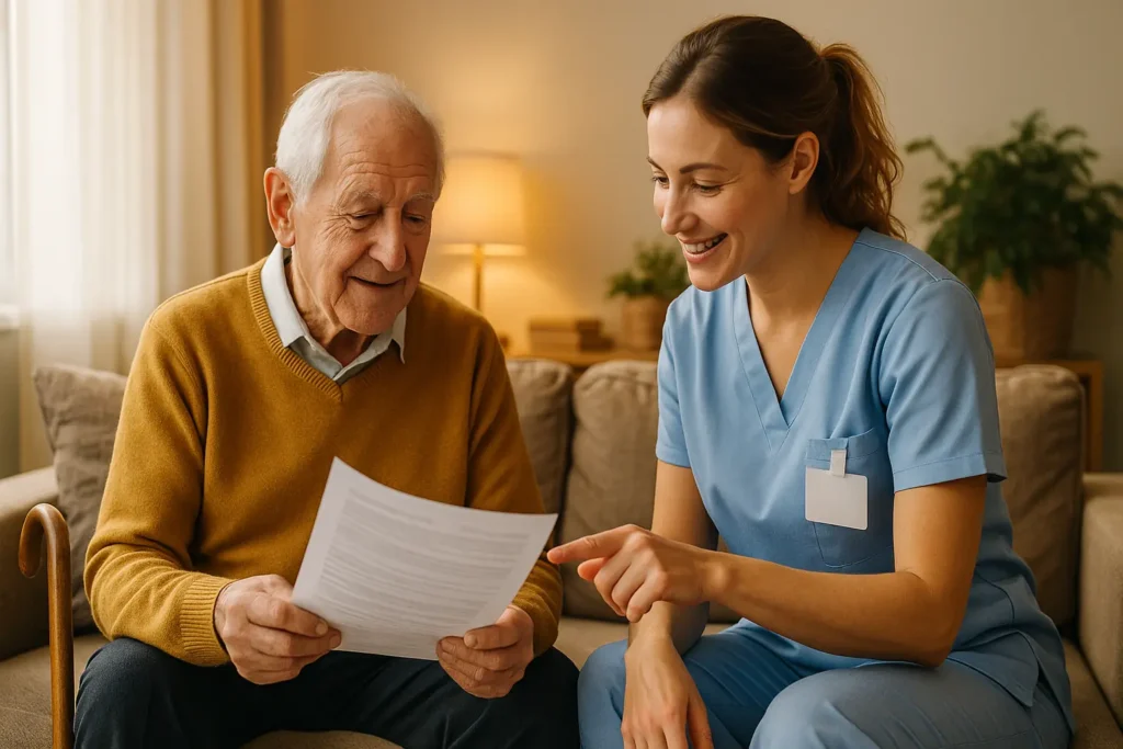 Anziano e caregiver che valutano i costi di una RSA su un documento