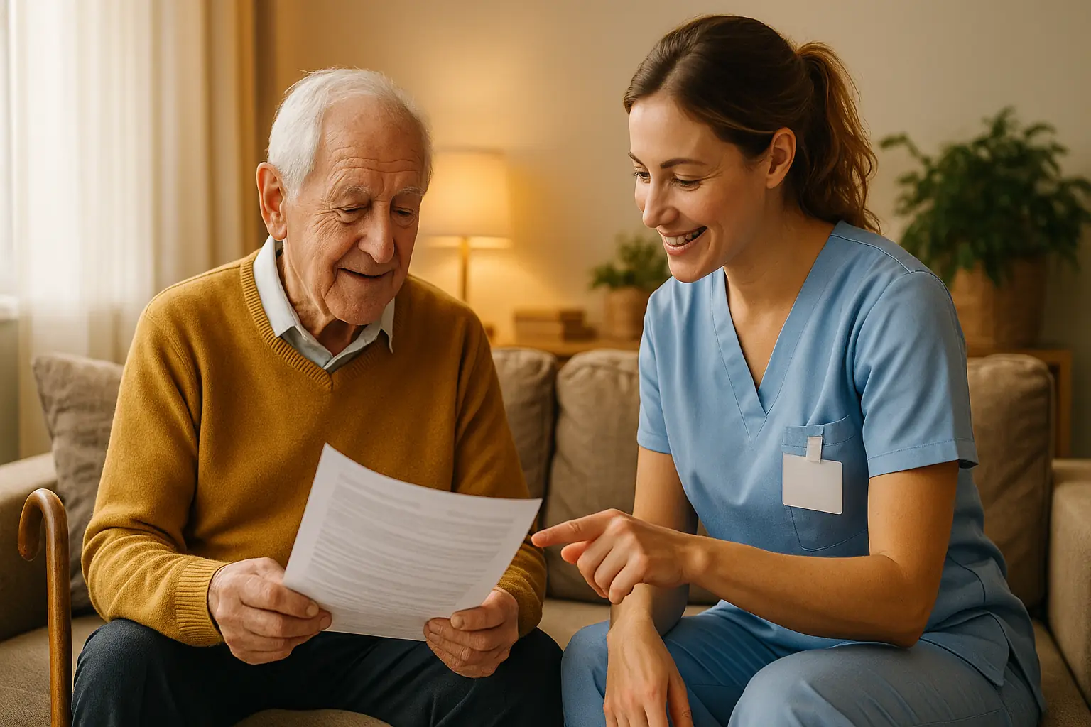 Anziano e caregiver che valutano i costi di una RSA su un documento