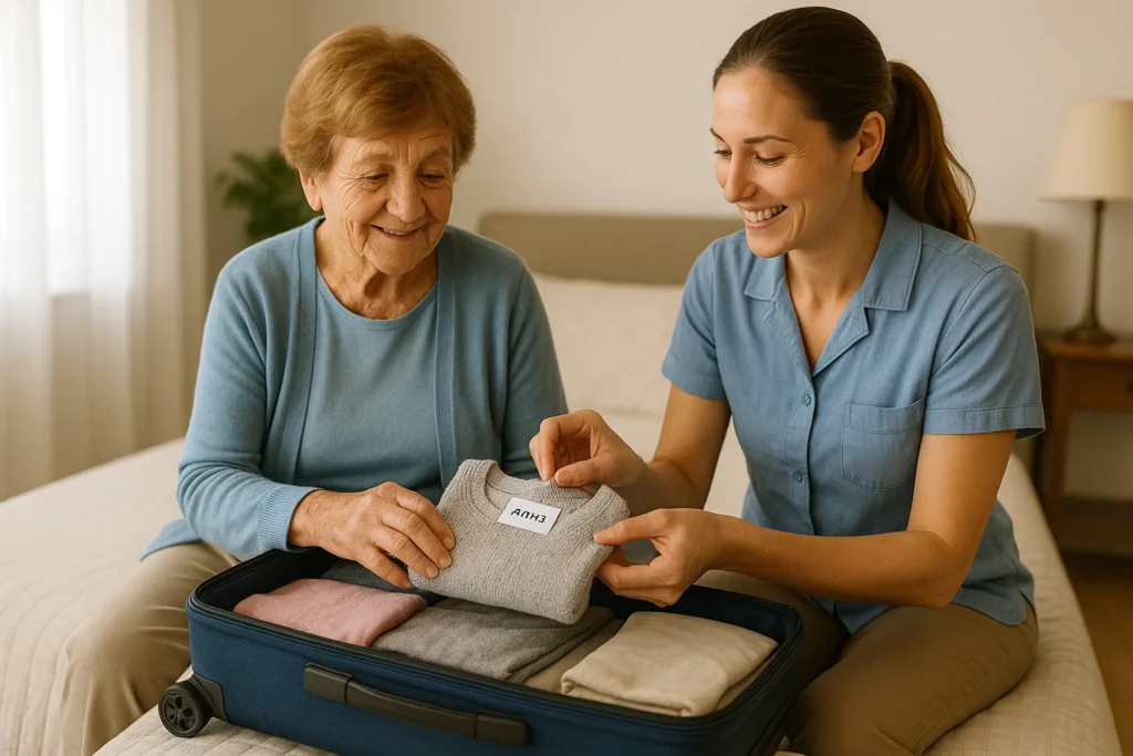 Anziana e caregiver preparano insieme la lista per il trasferimento in casa di cura
