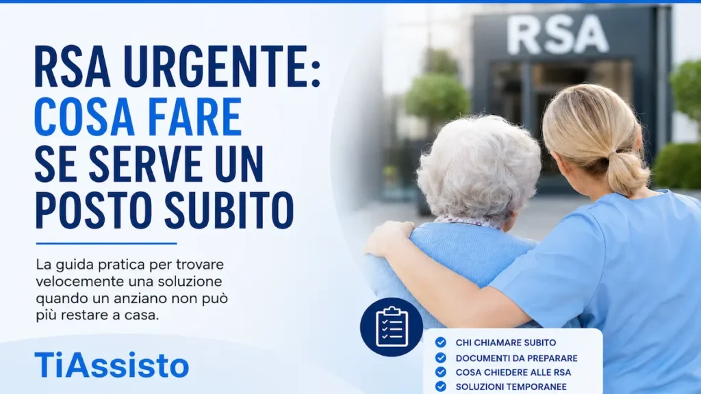 Caregiver assiste una persona anziana davanti a una RSA, con guida pratica per trovare rapidamente un posto in struttura.
