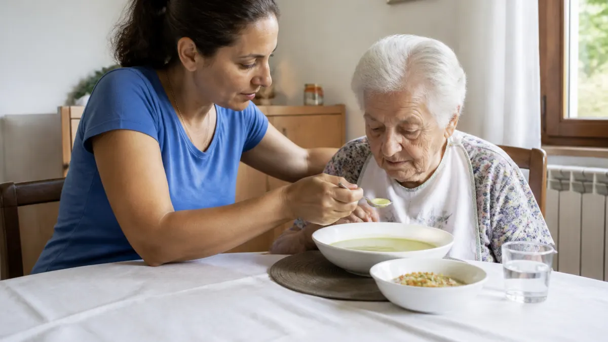 Anziano che mangia assistito da un caregiver in un ambiente sicuro.
