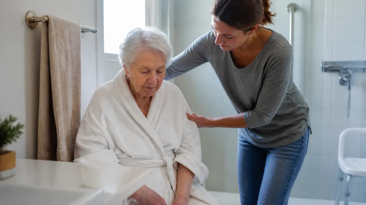 Caregiver che aiuta una persona con Alzheimer a fare il bagno.