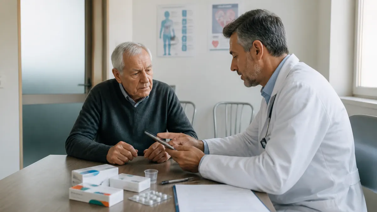 Consultazione medica tra un anziano e il suo medico riguardo alla terapia anticoagulante.