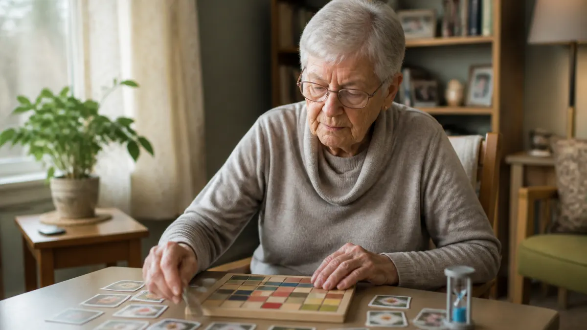 Persona anziana impegnata in un'attivit cognitiva a casa.