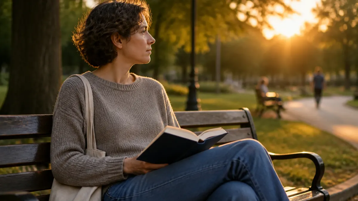 Caregiver che si rilassa in un parco al tramonto