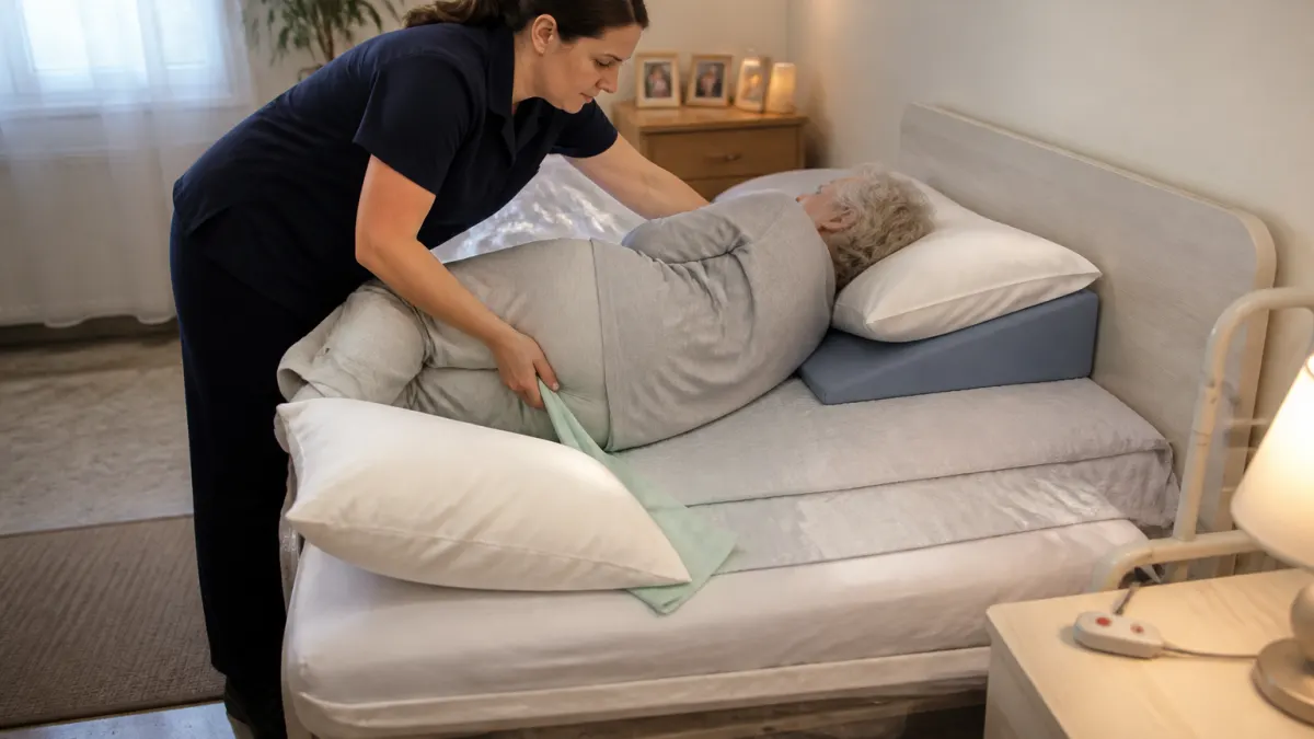 Caregiver che aiuta paziente allettato a cambiare posizione