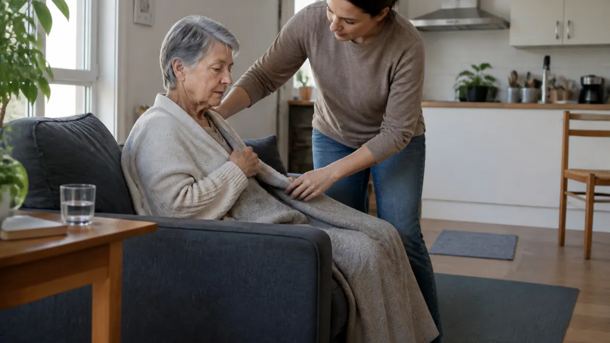 Caregiver familiare che assiste un anziano a casa.