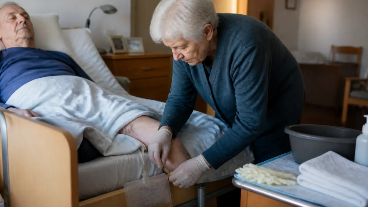 Caregiver anziano assiste paziente con catetere vescicale a casa