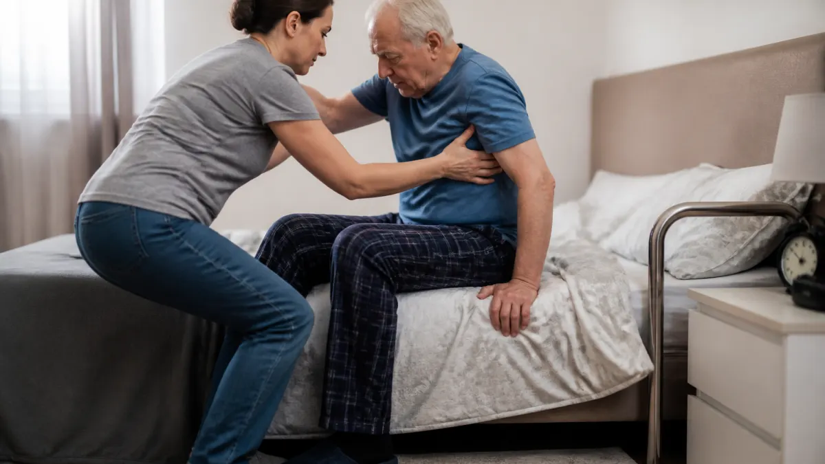 Caregiver che aiuta un anziano a sollevarsi dal letto in sicurezza