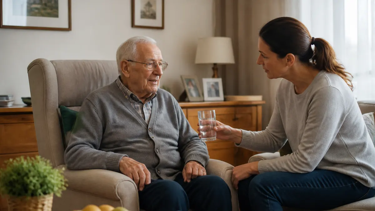 Caregiver che gestisce un anziano aggressivo con calma e rassicurazione.
