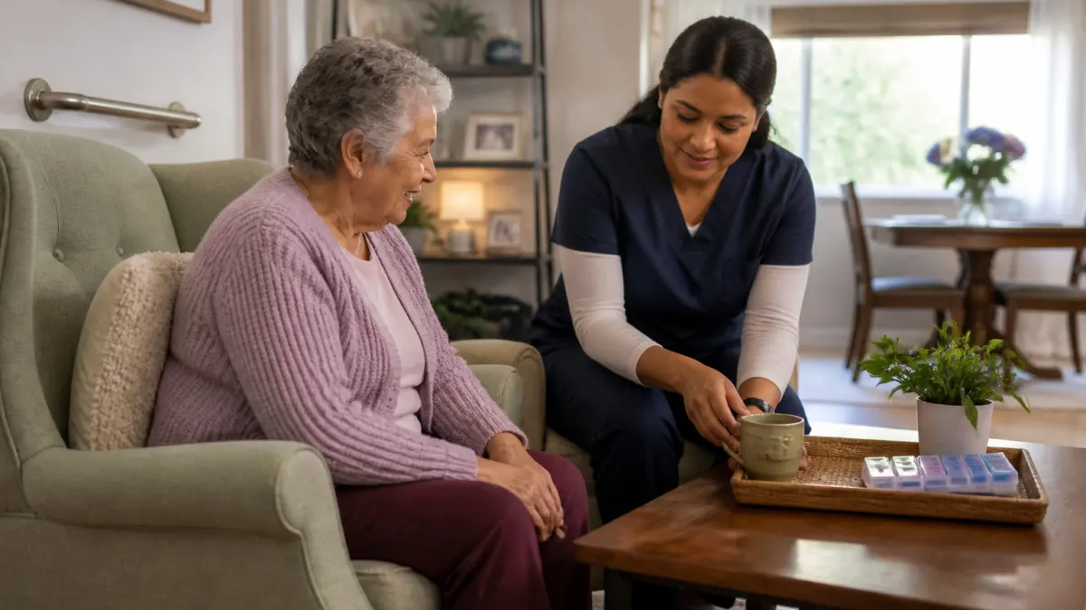 Caregiver e persona anziana in un ambiente domestico sicuro.