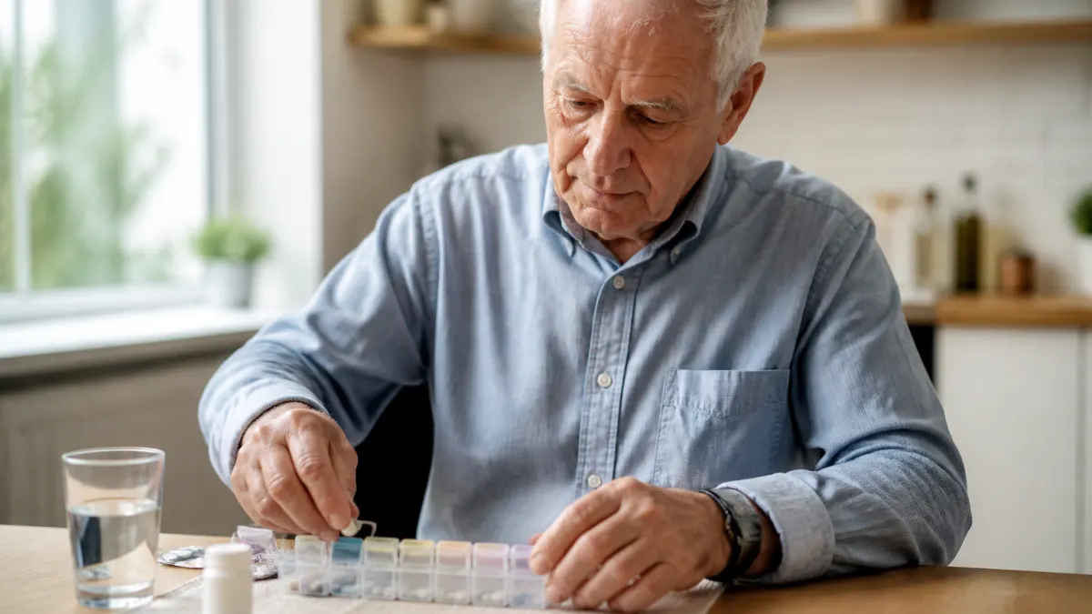 Anziano che organizza i farmaci con un sistema di dosaggio personalizzato.