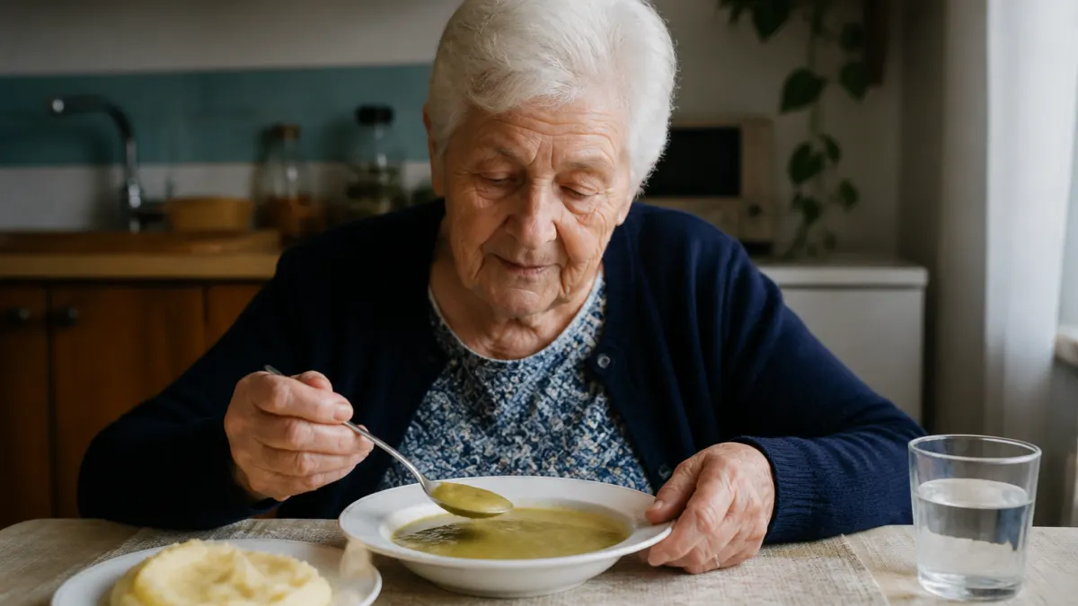 Anziano che mangia un pasto con alimenti a consistenza modificata in casa.