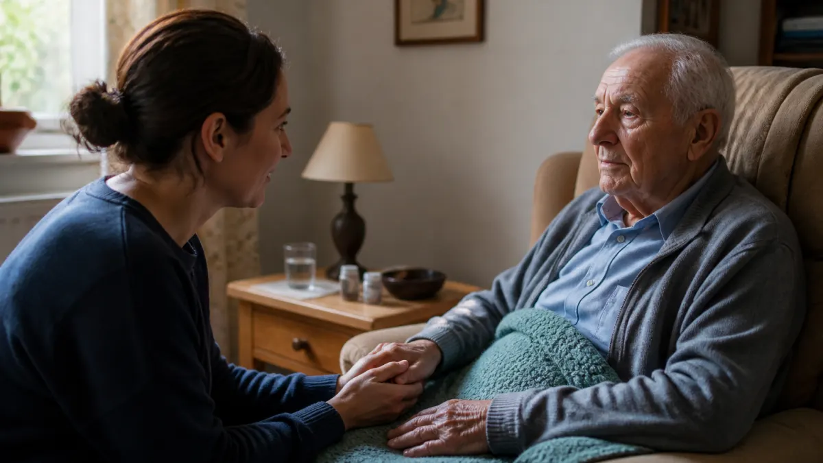 Caregiver che tiene la mano di un anziano in un ambiente domestico tranquillo.