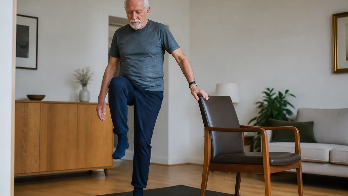 Anziano che pratica esercizi di equilibrio a casa