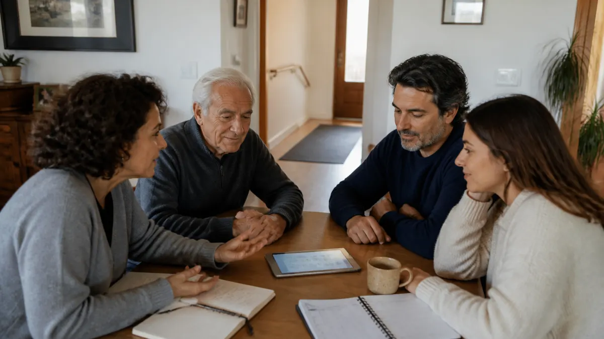 Famiglia che pianifica l'assistenza per un genitore anziano