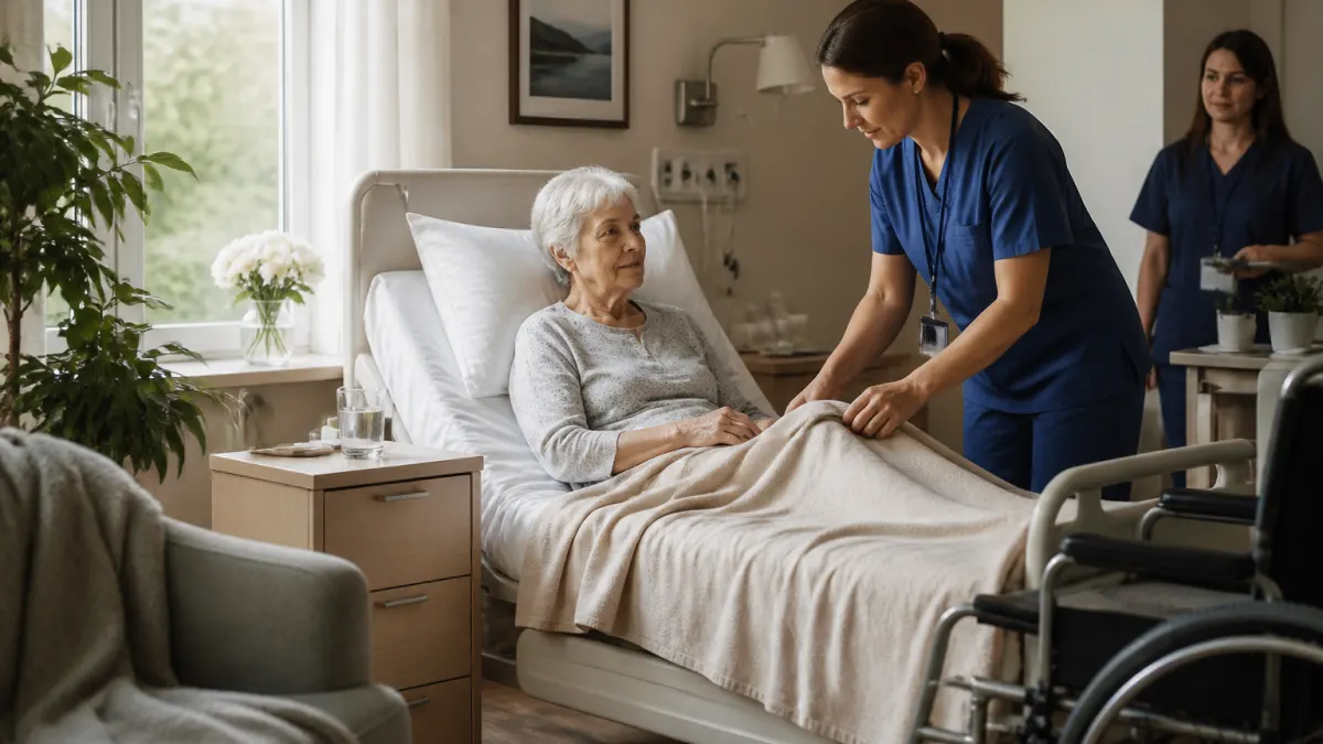 Ambiente di un hospice con assistenza a un paziente anziano.