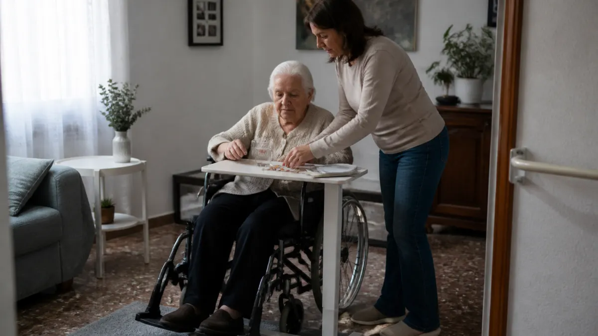 Persona anziana con disabilità assistita da un caregiver in casa.