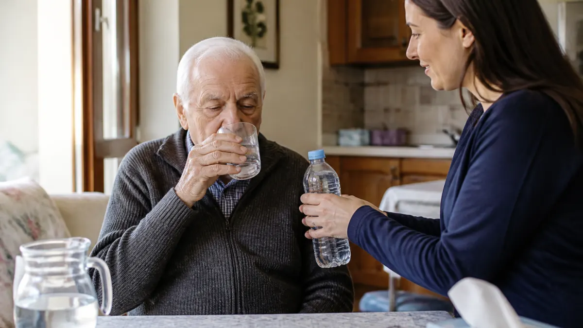Anziano che beve acqua con l'aiuto di un caregiver in un ambiente domestico italiano.
