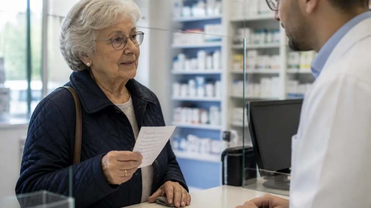 Anziano consulta farmacista in farmacia con elenco di farmaci