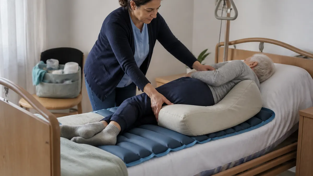 Caregiver assiste anziano allettato con dispositivi antidecubito in un ambiente domestico italiano.