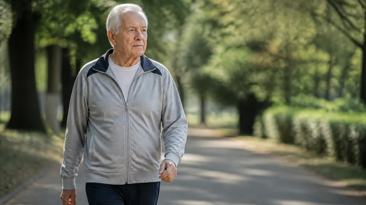 Anziano che cammina nel parco per prevenire l'osteoporosi