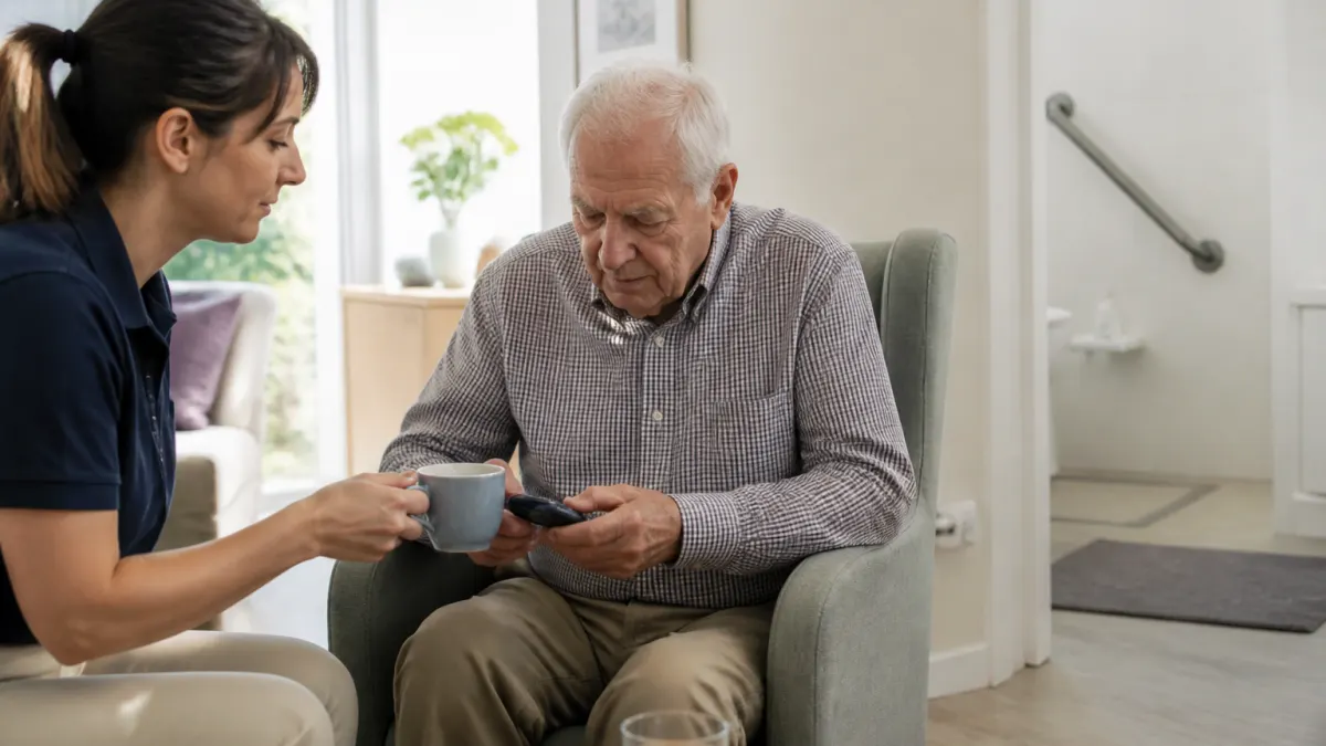 Persona anziana con Parkinson e caregiver in casa