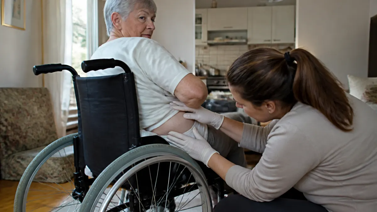 Caregiver che controlla la pelle di una persona anziana su sedia a rotelle per segni di piaghe da decubito