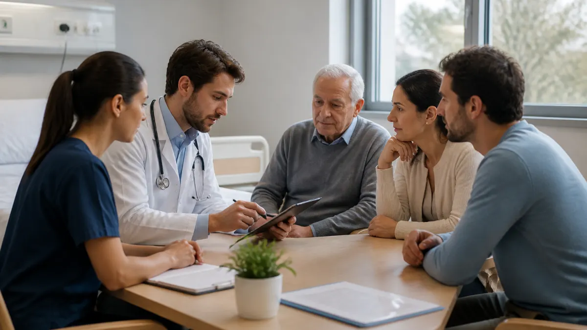 Equipe medica discute con paziente anziano e famiglia in ospedale