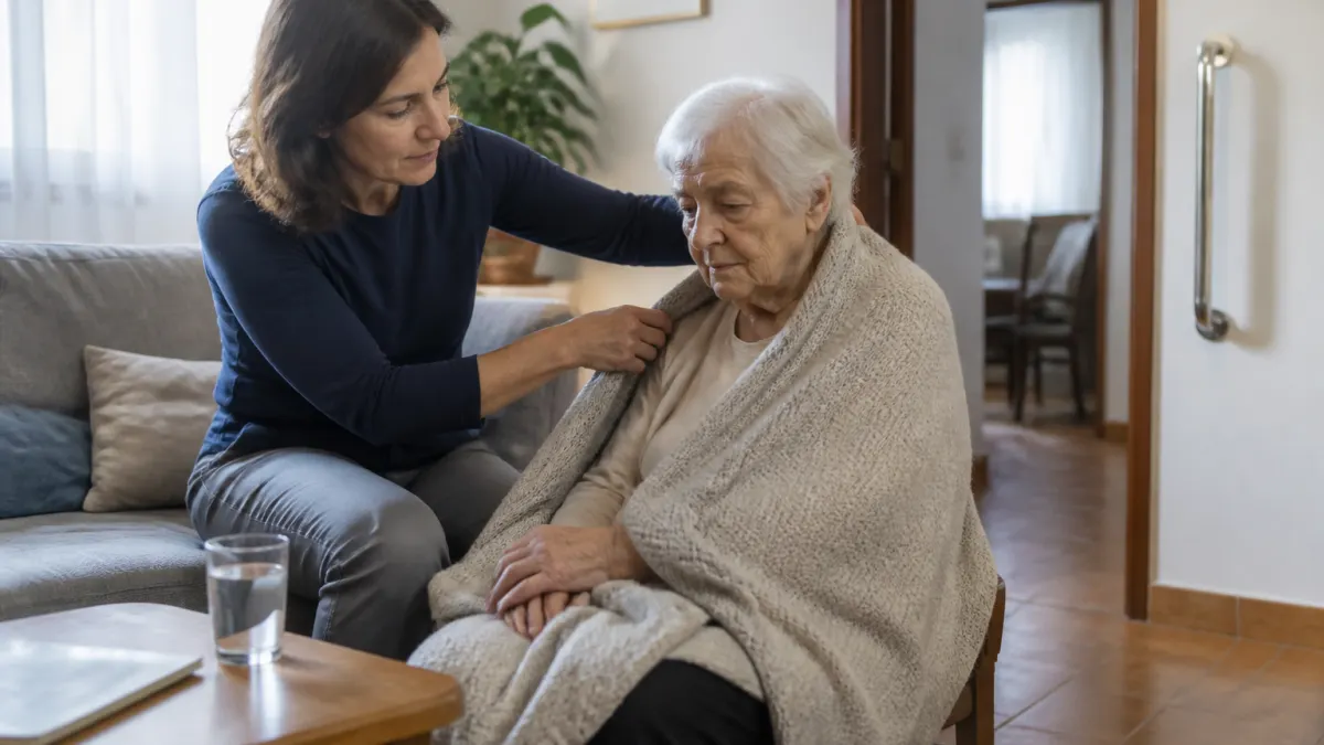 Caregiver che assiste un familiare anziano in casa