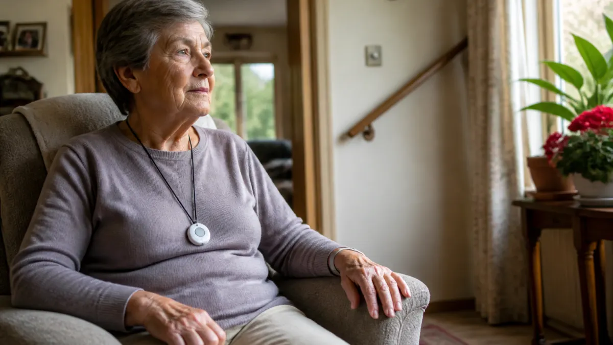 Anziano con dispositivo di teleassistenza a casa