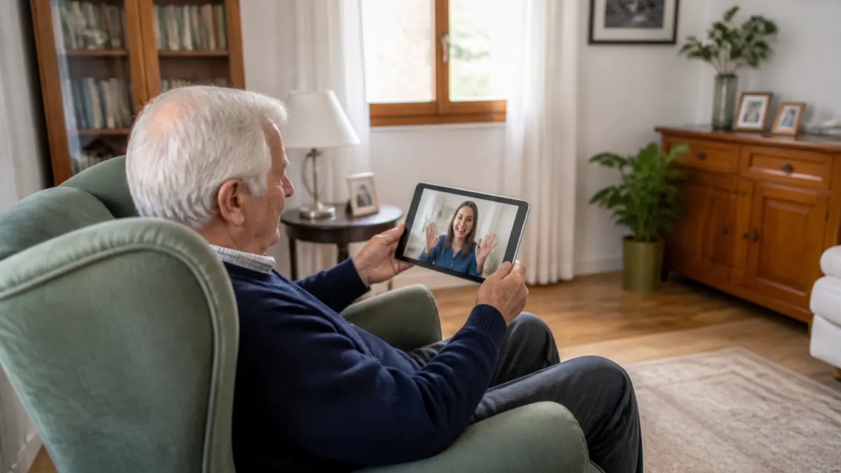 Anziano che fa una videochiamata con un tablet